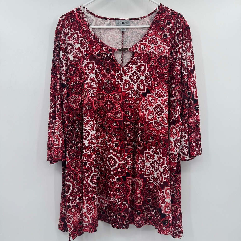 Catherines Top Women 2X Petite Red White 3/4 Sleeve Liquid Knit Stretch Keyhole